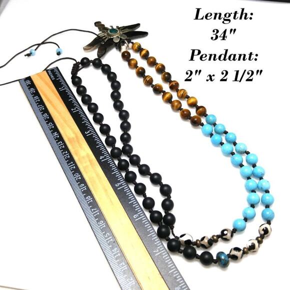 Dragonfly Necklace, Gemstone Beads, Hand Knotted Beads, Knotted Clasp, 34 Inches - Picture 5 of 7